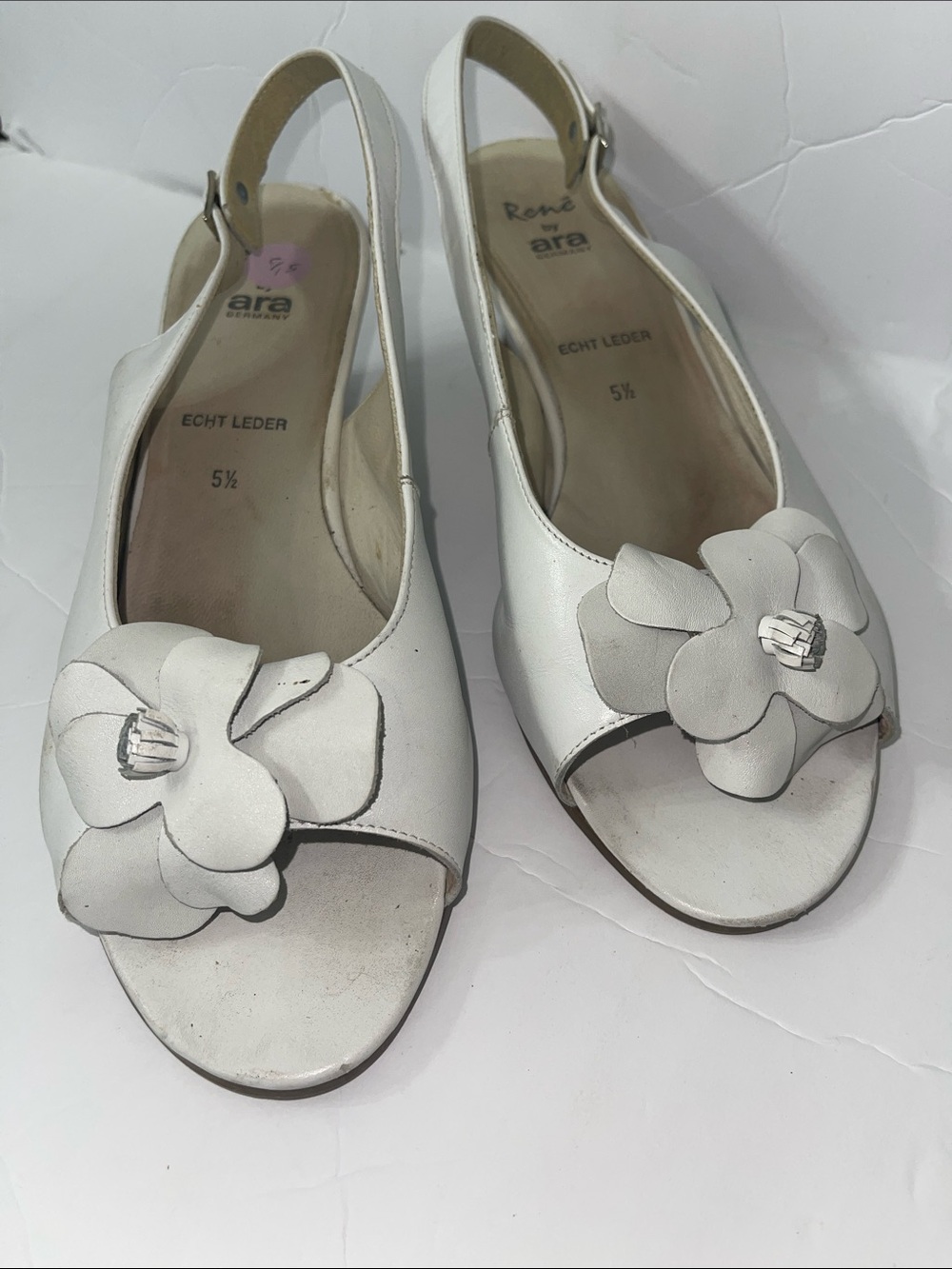 Rieker White Leather Slingback Peep-Toe Sandals with Flower Accent